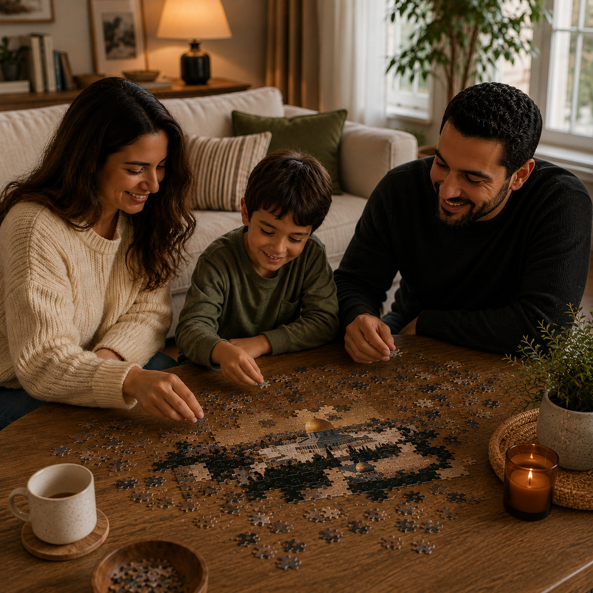 Family assembling an Al-Aqsa Islamic puzzle together at home